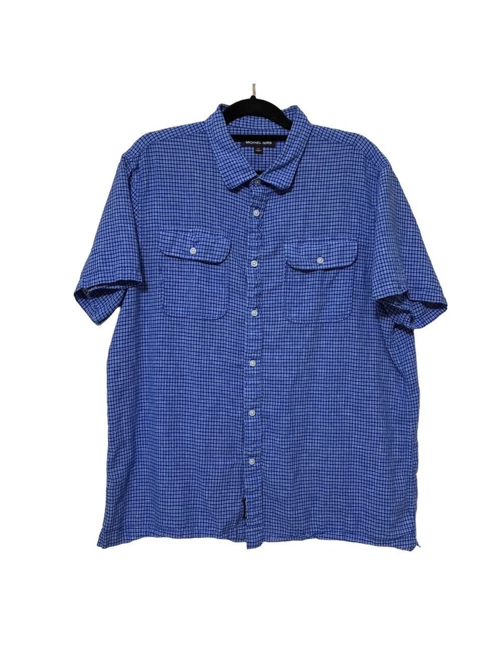 Michael Kors Linen Blend Button Up Shirt Men’s XXL Blue Plaid Short Sleeve